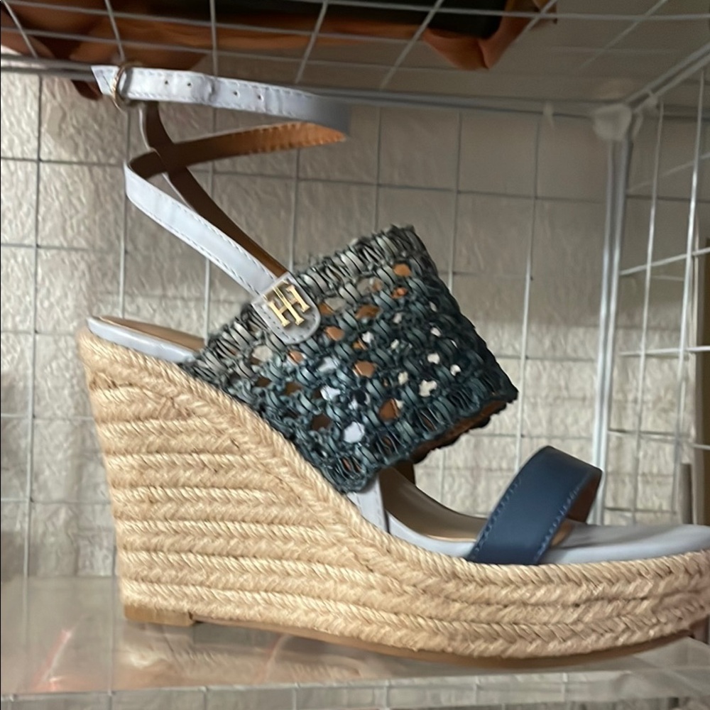 Tommy Hilfiger Blue and Tan Wedge Espadrilles